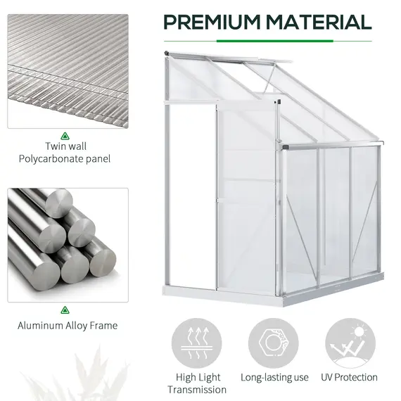 Buy Outsunny Walk-In Lean to Greenhouse Garden Heavy Duty Aluminium Polycarbonate with Roof Vent for Plants Herbs Vegetables, Silver, 192 x 127 x 220 cm, 5 image