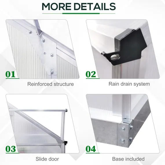 Buy Outsunny Walk-In Lean to Greenhouse Garden Heavy Duty Aluminium Polycarbonate with Roof Vent for Plants Herbs Vegetables, Silver, 192 x 127 x 220 cm, 7 image