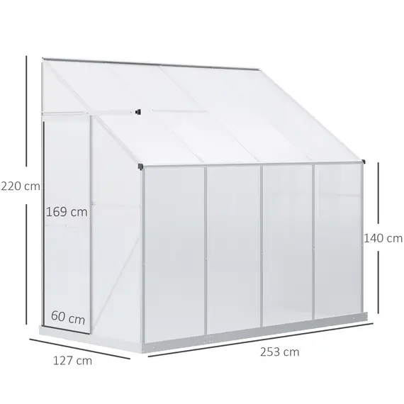 Buy Outsunny Walk-In Lean to Greenhouse Garden Heavy Duty Aluminium Polycarbonate with Roof Vent for Plants Herbs Vegetables, Silver, 253 x 127 x 220 cm, 2 image