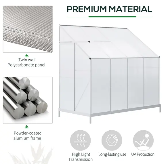 Buy Outsunny Walk-In Lean to Greenhouse Garden Heavy Duty Aluminium Polycarbonate with Roof Vent for Plants Herbs Vegetables, Silver, 253 x 127 x 220 cm, 4 image