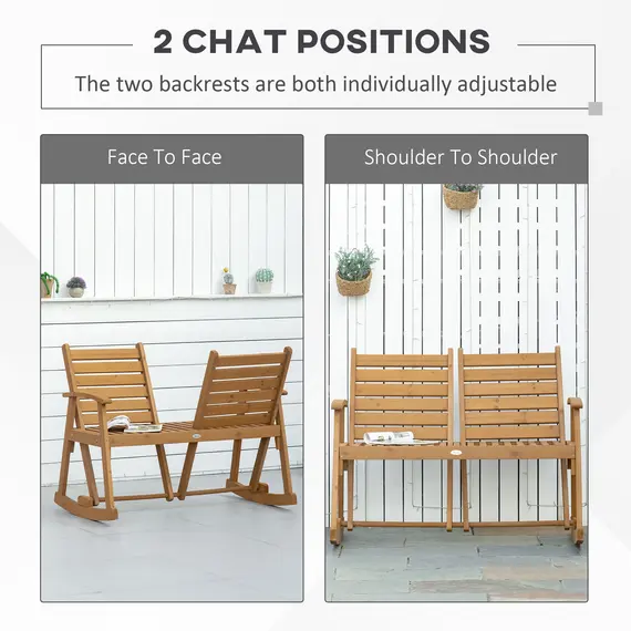 Buy Outsunny Wooden Garden Rocking Bench with Adjustable Backrests, 2-Seater Rustic Rocking Chair Loveseat with Slatted Seat and Armrests, 3 image