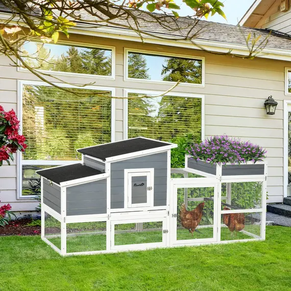 Buy PawHut Deluxe Chicken Coop, Hen House, Wooden Poultry Cage with Plant Box, Openble Roof, Outdoor Run, Nesting Box, Removable Tray, 191.5 x 80 x 90cm, 8 image