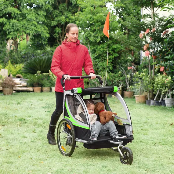 Buy HOMCOM Child Bike Trailer 2 In 1 Baby Stroller 2-Seater Transport Carrier with Hitch Coupler, Brake, 5 Point Harness, Storage Bag, Reflector, Green