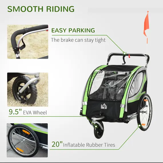 Buy HOMCOM Child Bike Trailer 2 In 1 Baby Stroller 2-Seater Transport Carrier with Hitch Coupler, Brake, 5 Point Harness, Storage Bag, Reflector, Green, 4 image