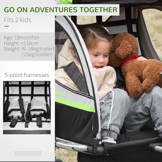 Buy HOMCOM Child Bike Trailer 2 In 1 Baby Stroller 2-Seater Transport Carrier with Hitch Coupler, Brake, 5 Point Harness, Storage Bag, Reflector, Green, 5 image