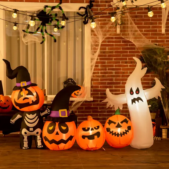 Buy Next Day Delivery 8.5ft Inflatable Halloween Skeleton Pumpkin Ghost and White Ghost with Three Pumpkins, Blow-Up Outdoor LED Display