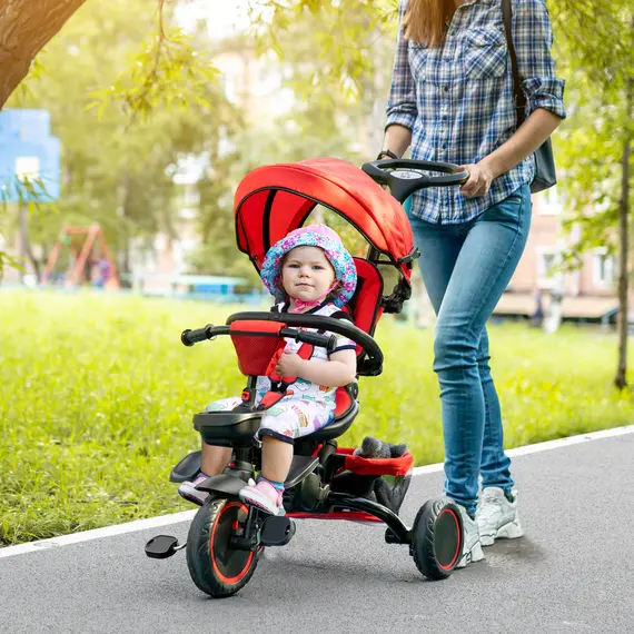 Buy HOMCOM 7-in-1 Tricycle for Kids, Baby Trike with Rotatable Seat, Adjustable Push Handle, Safety Harness Detachable Canopy Semi-reclining Footrest Red