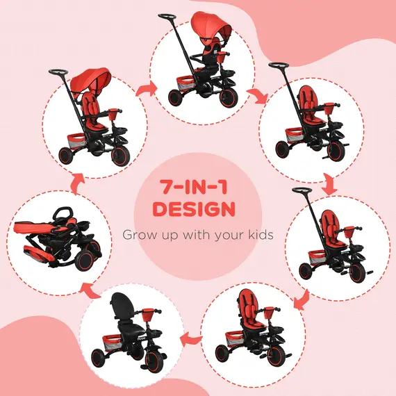 Buy HOMCOM 7-in-1 Tricycle for Kids, Baby Trike with Rotatable Seat, Adjustable Push Handle, Safety Harness Detachable Canopy Semi-reclining Footrest Red, 3 image