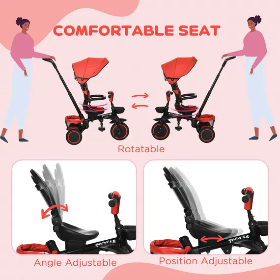 Buy HOMCOM 7-in-1 Tricycle for Kids, Baby Trike with Rotatable Seat, Adjustable Push Handle, Safety Harness Detachable Canopy Semi-reclining Footrest Red, 4 image