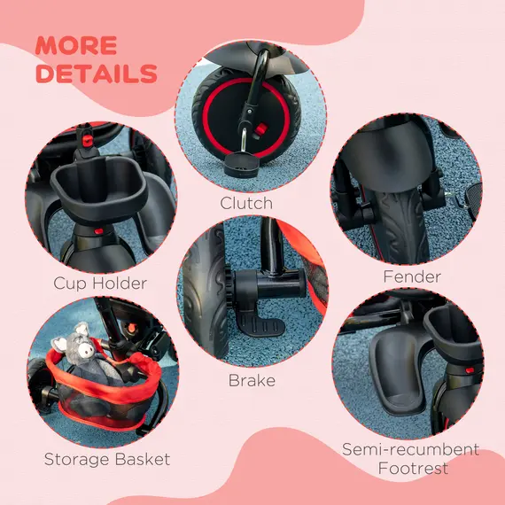 Buy HOMCOM 7-in-1 Tricycle for Kids, Baby Trike with Rotatable Seat, Adjustable Push Handle, Safety Harness Detachable Canopy Semi-reclining Footrest Red, 7 image