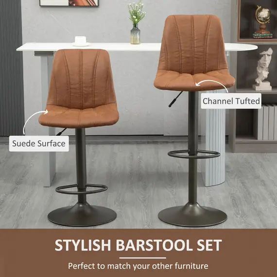 Buy HOMCOM Retro Bar Stools Set of 2, Counter Height Swivel Bar Chairs, Adjustable Kitchen Island Stools with Backrest, Footrest for Home Pub, Brown, 3 image