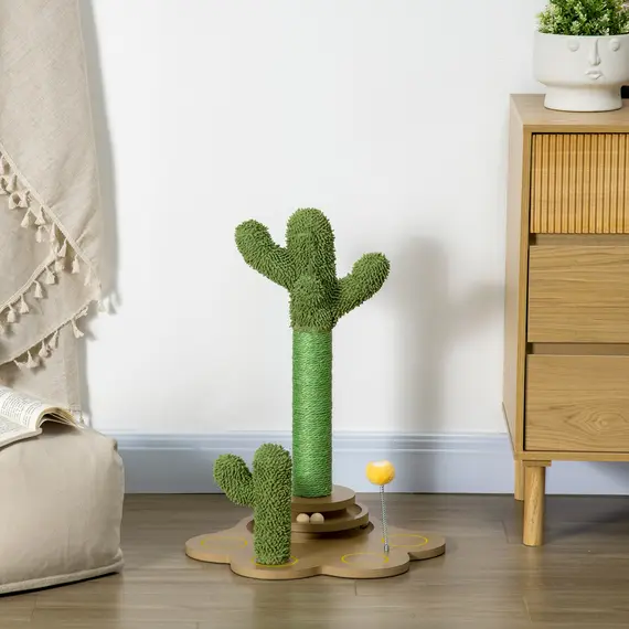 Buy 60cm Cactus-shaped Cat Tree, Kitty Activity Center with Turntable Interactive Ball Toys, Chenille Cat Tower with Sisal Scratching Post, Green, 7 image