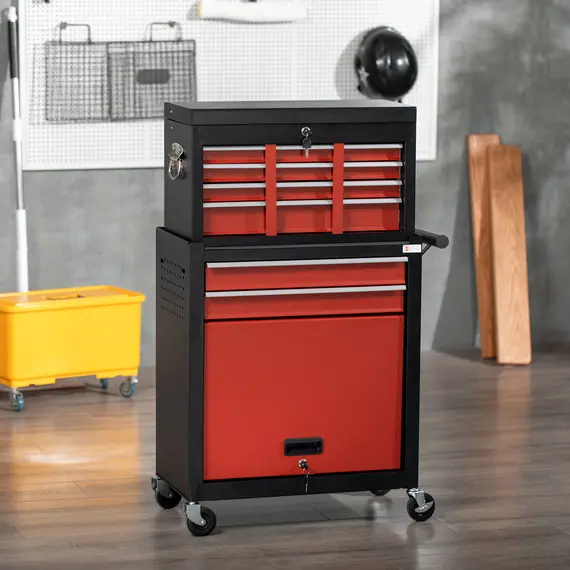 Buy DURHAND Tool Cabinet Cart, Workshop Trolley on Wheels, 6 Drawer with Ball Bearing Slides, Lockable Roll Cab, Black and Red