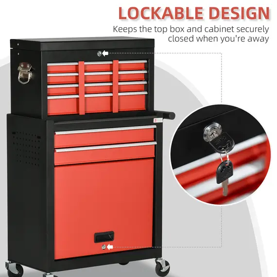 Buy DURHAND Tool Cabinet Cart, Workshop Trolley on Wheels, 6 Drawer with Ball Bearing Slides, Lockable Roll Cab, Black and Red, 6 image