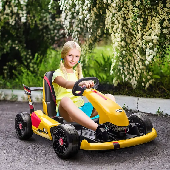 Buy HOMCOM Electric Go Kart with Adjustable Footrest, Reversing Steering Wheel, Kids Ride-On Racing Go Kart with 12V Rechargeable Battery 2 Speeds Yellow, Colour: Yellow, 2 image