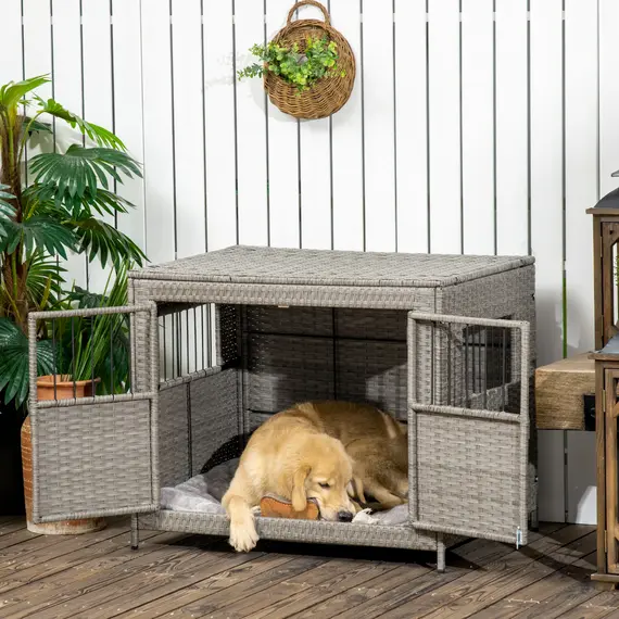 Buy PawHut Wicker Dog Cage, Dog Crate with Double Doors and Soft Washable Cushion for Medium to Large Sized Dogs, 85 x 61 x 70 cm, 2 image