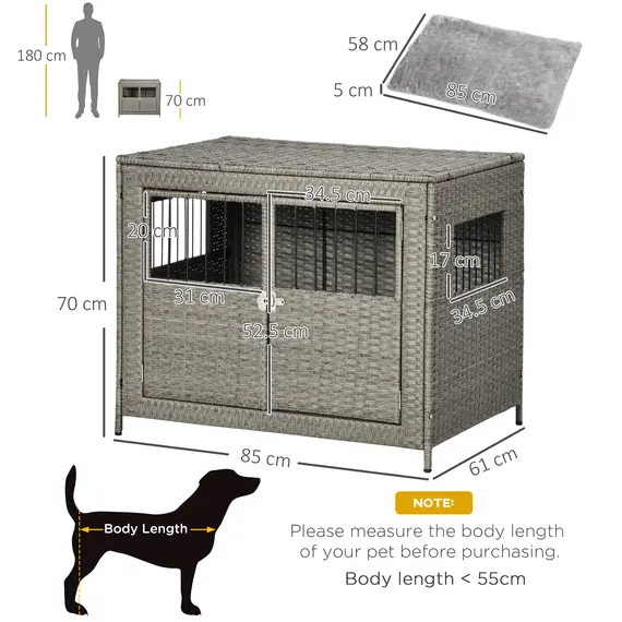 Buy PawHut Wicker Dog Cage, Dog Crate with Double Doors and Soft Washable Cushion for Medium to Large Sized Dogs, 85 x 61 x 70 cm, 3 image