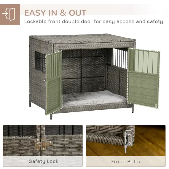 Buy PawHut Wicker Dog Cage, Dog Crate with Double Doors and Soft Washable Cushion for Medium to Large Sized Dogs, 85 x 61 x 70 cm, 4 image
