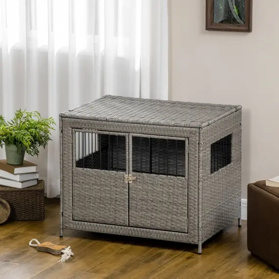 Buy PawHut Wicker Dog Cage, Dog Crate with Double Doors and Soft Washable Cushion for Medium to Large Sized Dogs, 85 x 61 x 70 cm, 10 image
