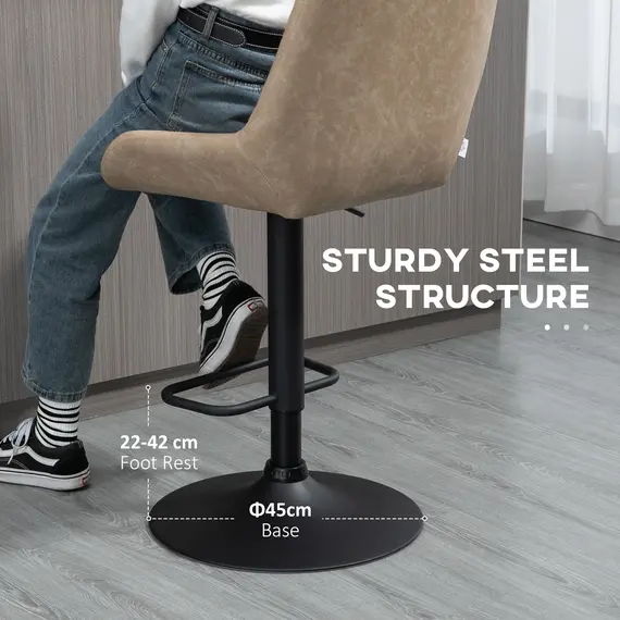 Buy HOMCOM Retro Bar Stools Set of 2, Adjustable Kitchen Stool, Upholstered Bar Chairs with Back, Swivel Seat, Light Khaki, 6 image