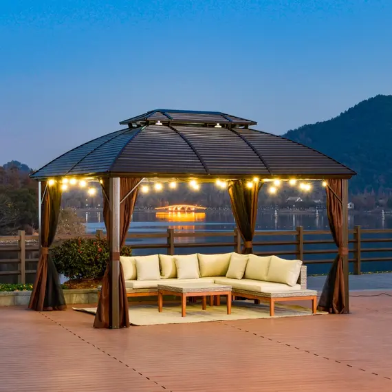Buy Outsunny 3.65 x 3(m) Hardtop Steel Gazebo Canopy for Patio Heavy Duty Outdoor Pavilion with Aluminum Alloy Frame, Double Roof, Brown, 11 image