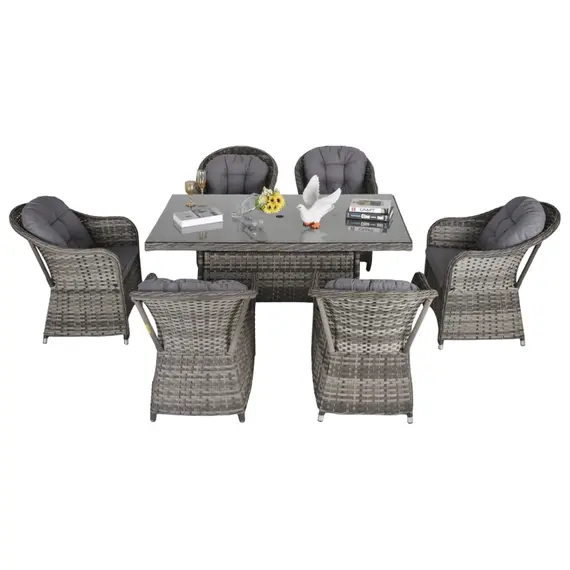 Buy Outsunny 7 PCs Outdoor Patio PE Rattan Wicker Dining Set Furniture, w/ Tempered Glass Table Top & Umbrella Hole, Cushioned Grey