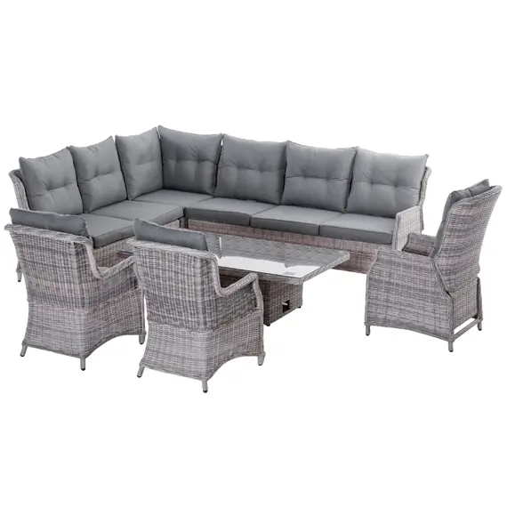 Buy Outsunny 7 Pieces Rattan Garden Furniture Dining Set, Tempered Glass Table-top Table and Recliner Chair, Mixed Grey