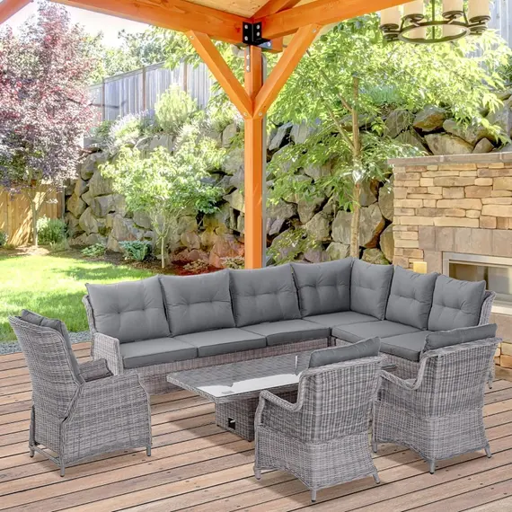 Buy Outsunny 7 Pieces Rattan Garden Furniture Dining Set, Tempered Glass Table-top Table and Recliner Chair, Mixed Grey, 10 image