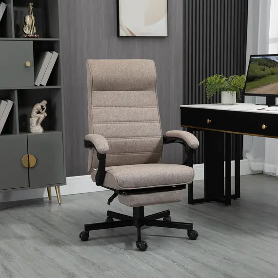 Buy Vinsetto High-Back Home Office Chair, Linen Swivel Reclining Chair with Adjustable Height, Footrest and Padded Armrest for Living Room, Study, Brown