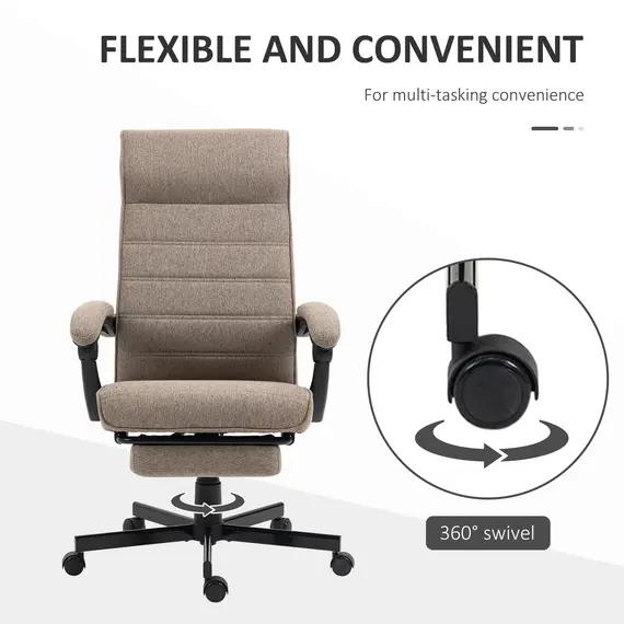 Buy Vinsetto High-Back Home Office Chair, Linen Swivel Reclining Chair with Adjustable Height, Footrest and Padded Armrest for Living Room, Study, Brown, 5 image
