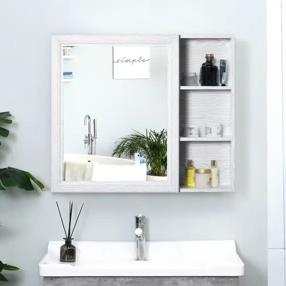 Buy Bathroom Cabinet Wall Mounted, Aluminium Storage Organiser with Single Mirrored Door and 3-tier Shelves, White, 8 image