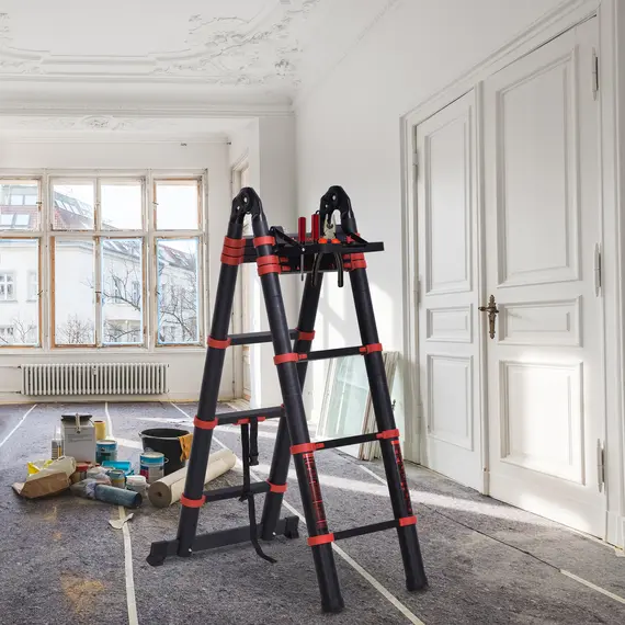 Buy HOMCOM 3.8M Duo Aluminium Ladder w/ Tool Holder Herringbone Deployed Extendable DIY w/ 12 Non-Slip Steps Climbing Platform Portable Workshop Garden