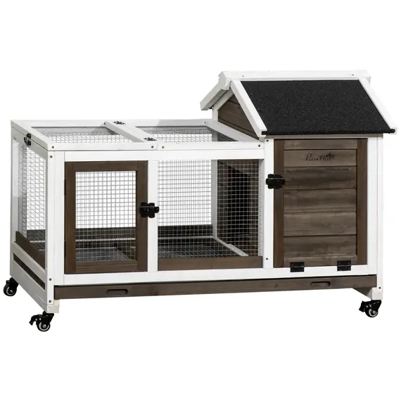 Buy Wooden Rabbit Hutch, Guinea Pig Cage, with Removable Tray, Wheels - Brown