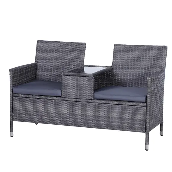 Buy 2-Seater PE Rattan Outdoor Garden Bench w/ Centre Table Grey