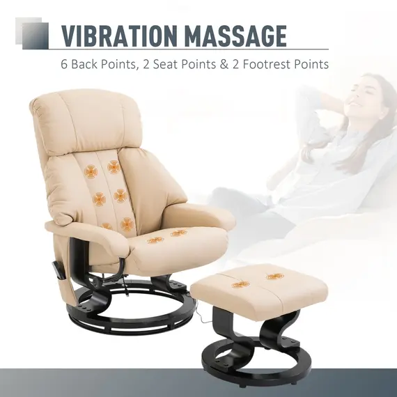 Buy HOMCOM Electric Massage Recliner Chair with Ottoman, Faux Leather Swivel Recliner with Remote Control for Living Room, Beige, 3 image