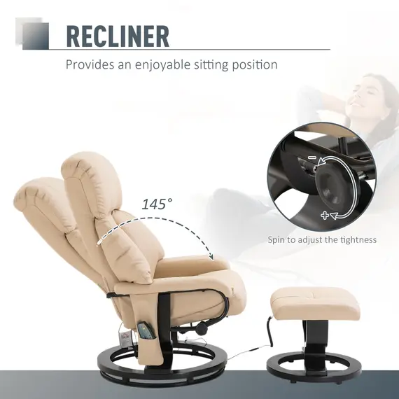 Buy HOMCOM Electric Massage Recliner Chair with Ottoman, Faux Leather Swivel Recliner with Remote Control for Living Room, Beige, 4 image
