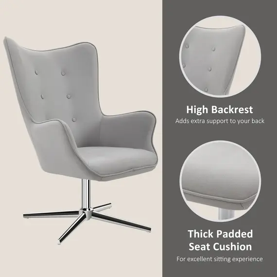 Buy HOMCOM Retro Upholstered Swivel Accent Chair Executive Tufted w/ Metal Base Padding High Back Arms Comfort Style Seating 74L x 71W x 106H - Grey, 5 image