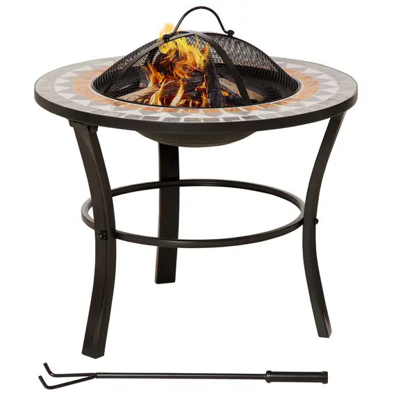 Buy 60cm Outdoor Fire Pit Table with Mosaic Outer, Round Firepit with Spark Screen Cover, Fire Poker for Garden Bonfire Party