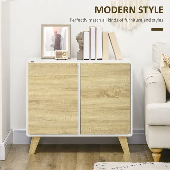 Buy HOMCOM Modern Storage Cupboard with Push to Open Doors Adjustable Shelf for Living Room Home Office Bedroom White and Oak, 3 image