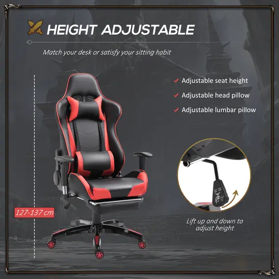 Buy HOMCOM High-Back Gaming Chair Swivel Home Office Computer Racing Gamer Recliner Chair Faux Leather with Footrest, Wheels, Red Black, 3 image