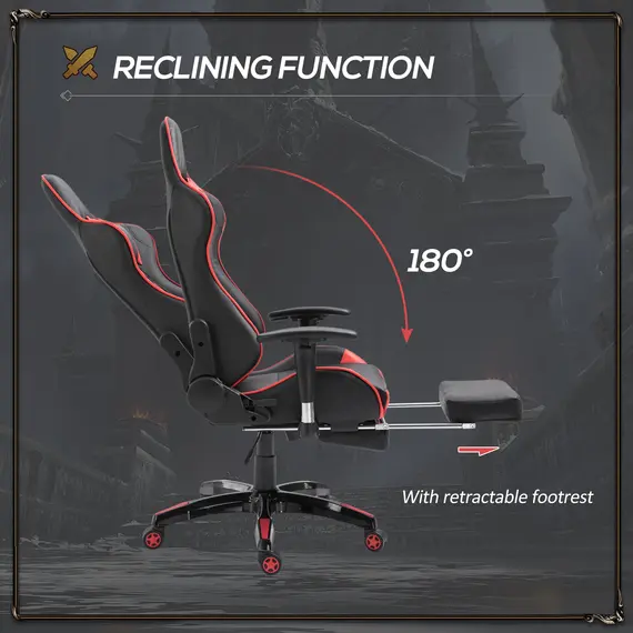 Buy HOMCOM High-Back Gaming Chair Swivel Home Office Computer Racing Gamer Recliner Chair Faux Leather with Footrest, Wheels, Red Black, 4 image