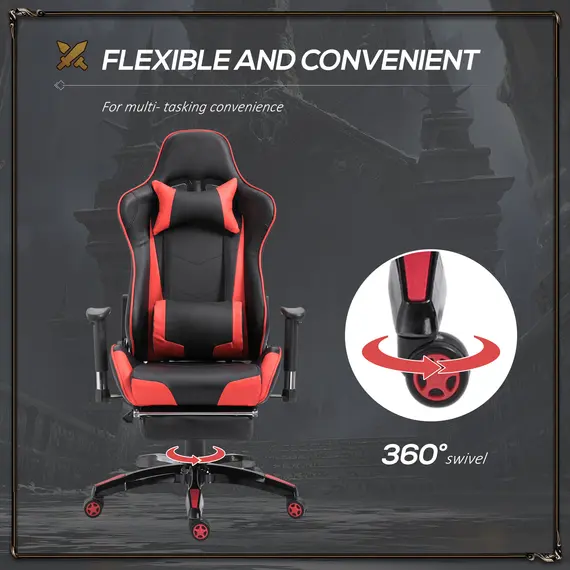 Buy HOMCOM High-Back Gaming Chair Swivel Home Office Computer Racing Gamer Recliner Chair Faux Leather with Footrest, Wheels, Red Black, 5 image
