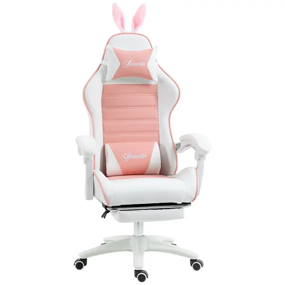 Buy Racing Gaming Chair, Reclining PU Leather Computer Chair with Removable Rabbit Ears, Footrest, Headrest and Lumber Support, Pink