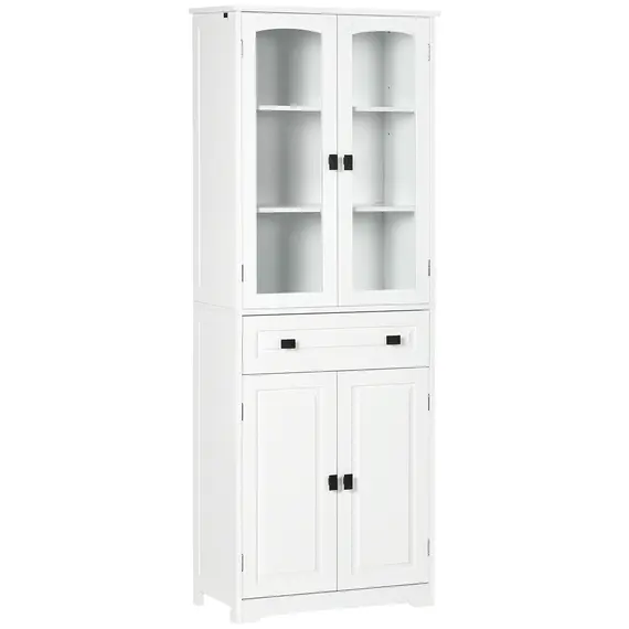 Buy Kitchen Cupboard, Freestanding Storage Cabinet with 2 Adjustable Shelves, Drawer and Glass Door for Living Room, Dining Room, 160cm, White