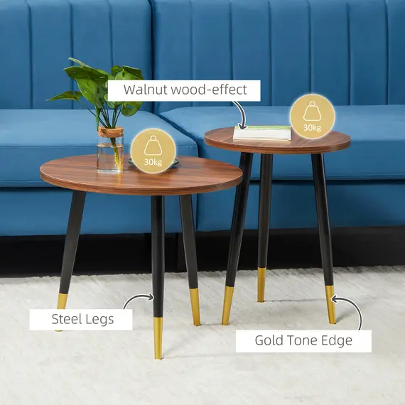 Buy Nest of Tables, Round Coffee Tables Set of 2 with Steel Frame for Living Room Bedroom, Walnut brown, 4 image
