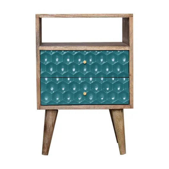 Buy Honeycomb Carved Teal Bedside with Open Slot, 2 image