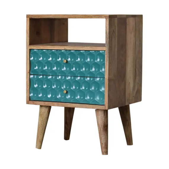 Buy Honeycomb Carved Teal Bedside with Open Slot, 4 image