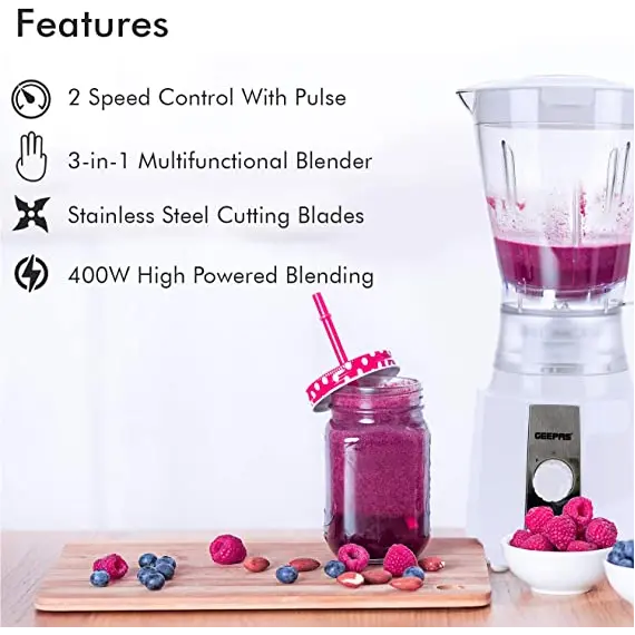 Buy Geepas 3 in 1 Electric Blender, Grinder, Smoothie Maker, Jug Blender 400W | Stainless Steel Blades, Colour: Black, 7 image
