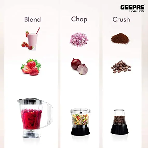 Buy Geepas 3 in 1 Electric Blender, Grinder, Smoothie Maker, Jug Blender 400W | Stainless Steel Blades, Colour: Black, 8 image