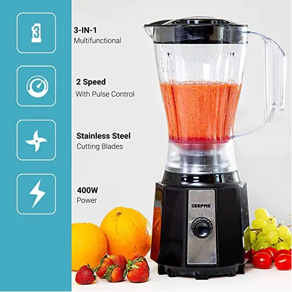 Buy Geepas 3 in 1 Electric Blender, Grinder, Smoothie Maker, Jug Blender 400W | Stainless Steel Blades, Colour: Black, 10 image